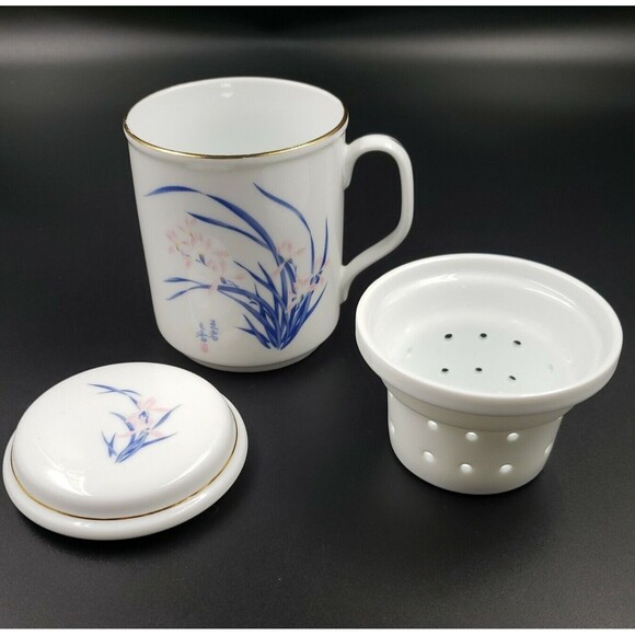 3 Piece Tea Cup Mug with Infuser Strainer and Lid Spring Iris Flowers Pink Blue - Picture 3 of 16